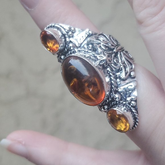 New Baltic Amber & Citrine 925 Silver Butterfly Statement Ring. - Picture 12 of 13